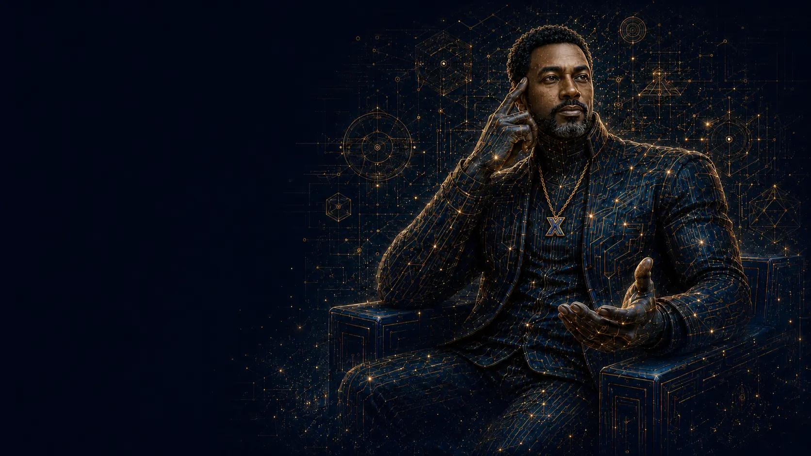 Xavier D. Moore as the thinker — in contemplation, an identity pendant glowing at his chest, ideas resolving into lines of gold light