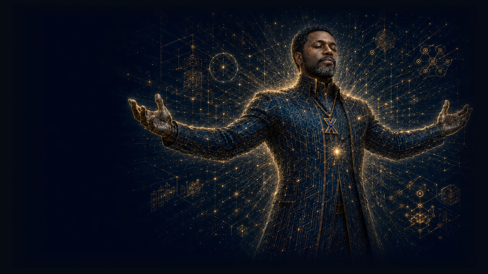 Xavier D. Moore standing with open arms as a radiant lattice of gold circuitry fans out around him across a field of sapphire — the visionary at the center of a connected body of work
