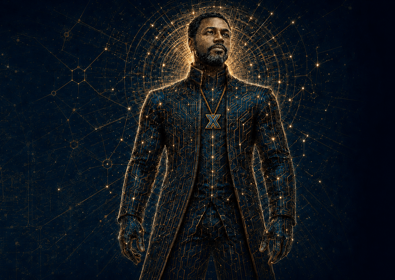 Xavier D. Moore — a sculptural architect formed from gold and copper circuitry, standing within a radiant observatory of light